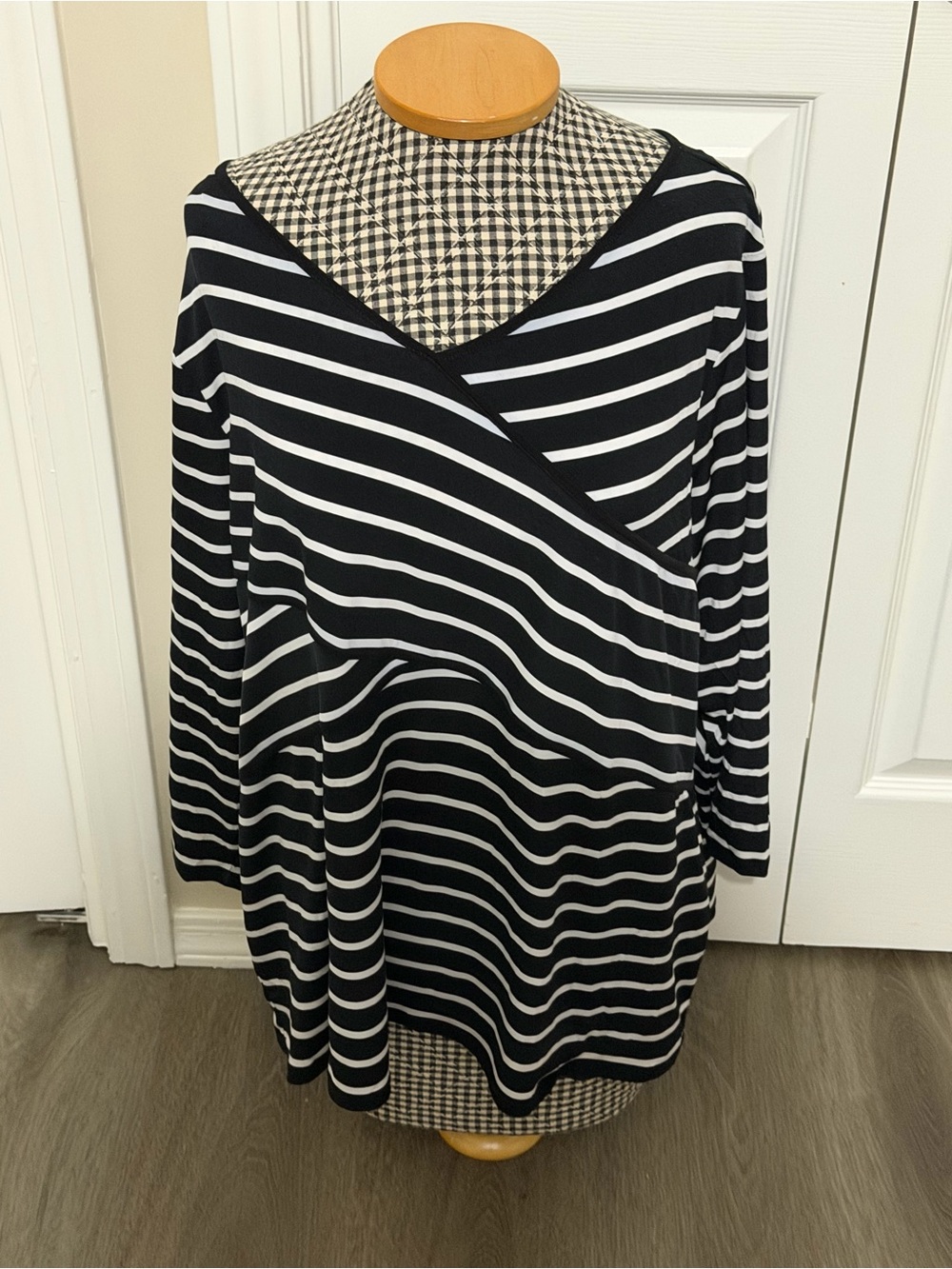 Calvin Klein Black and White Long-Sleeve Striped Wrap Dress